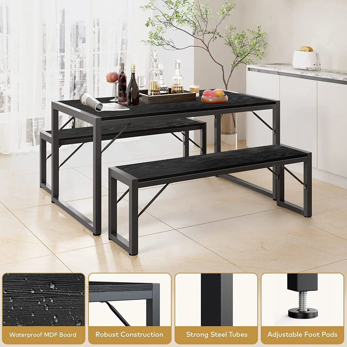 Dining Table Set for 4 People with 2 Benches, Dinette Set, 550lbs, Black