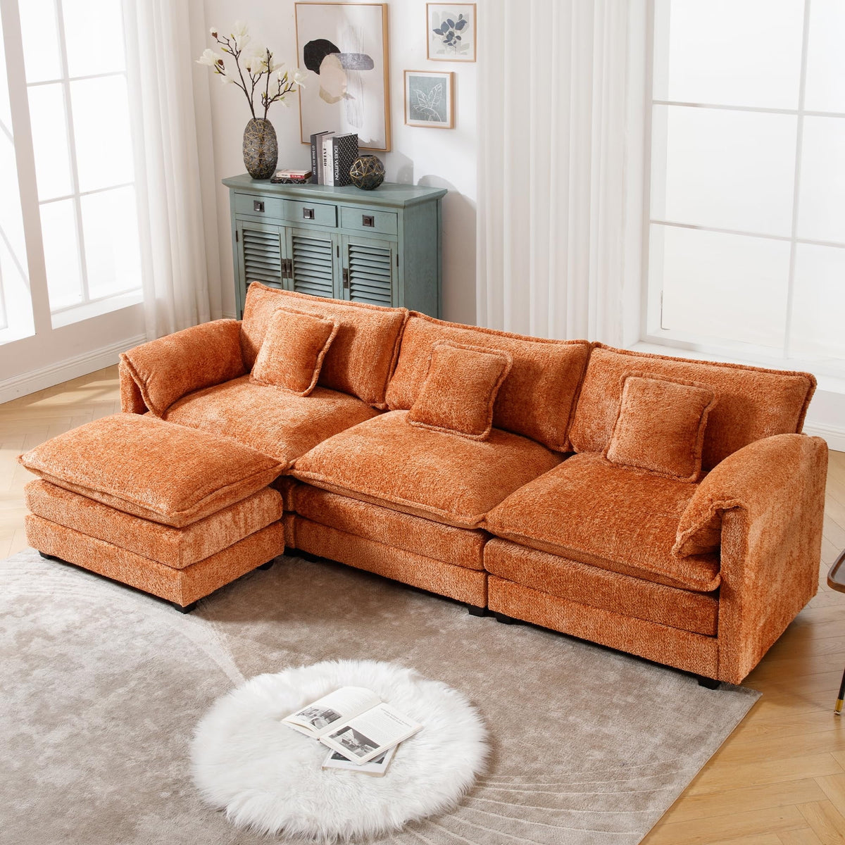 GNIXUU 112" Oversized Sectional Sofa Cloud Couch for Living Room, Modern Chenille L Shaped Couch, Comfy Boucle Modular Sofa Sleeper with Moveable Ottoman & Memory Foam (Green)