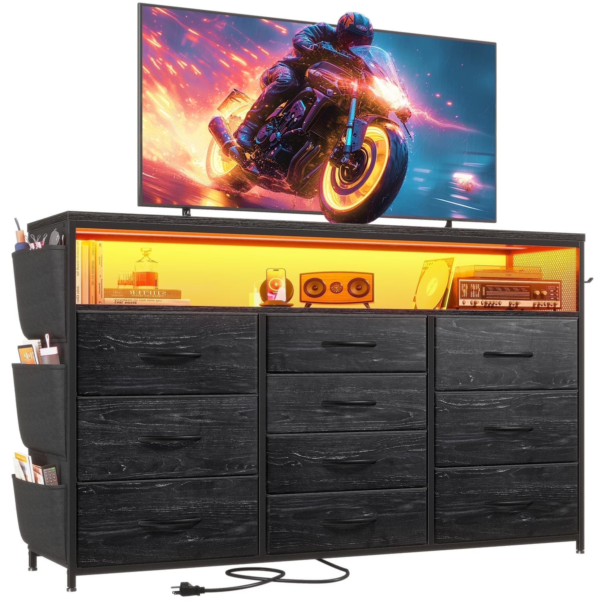 EnHomee Dressers for bedroom TV Stand with Power Outlets &LED Lights Wide Dresser with 10 Drawers&Side Pockets & Hook Fabric Chest of Drawers,Black