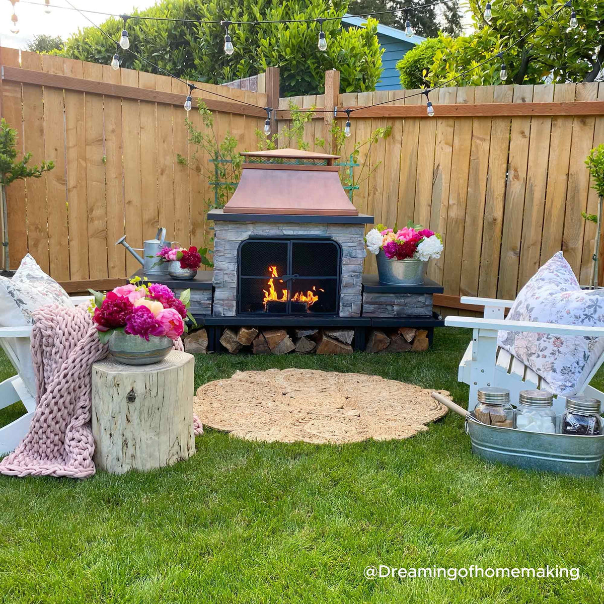 SUNJOY Outdoor 48 inch Steel Wood Burning Stone Fireplace with Fire Poker and Removable Grate