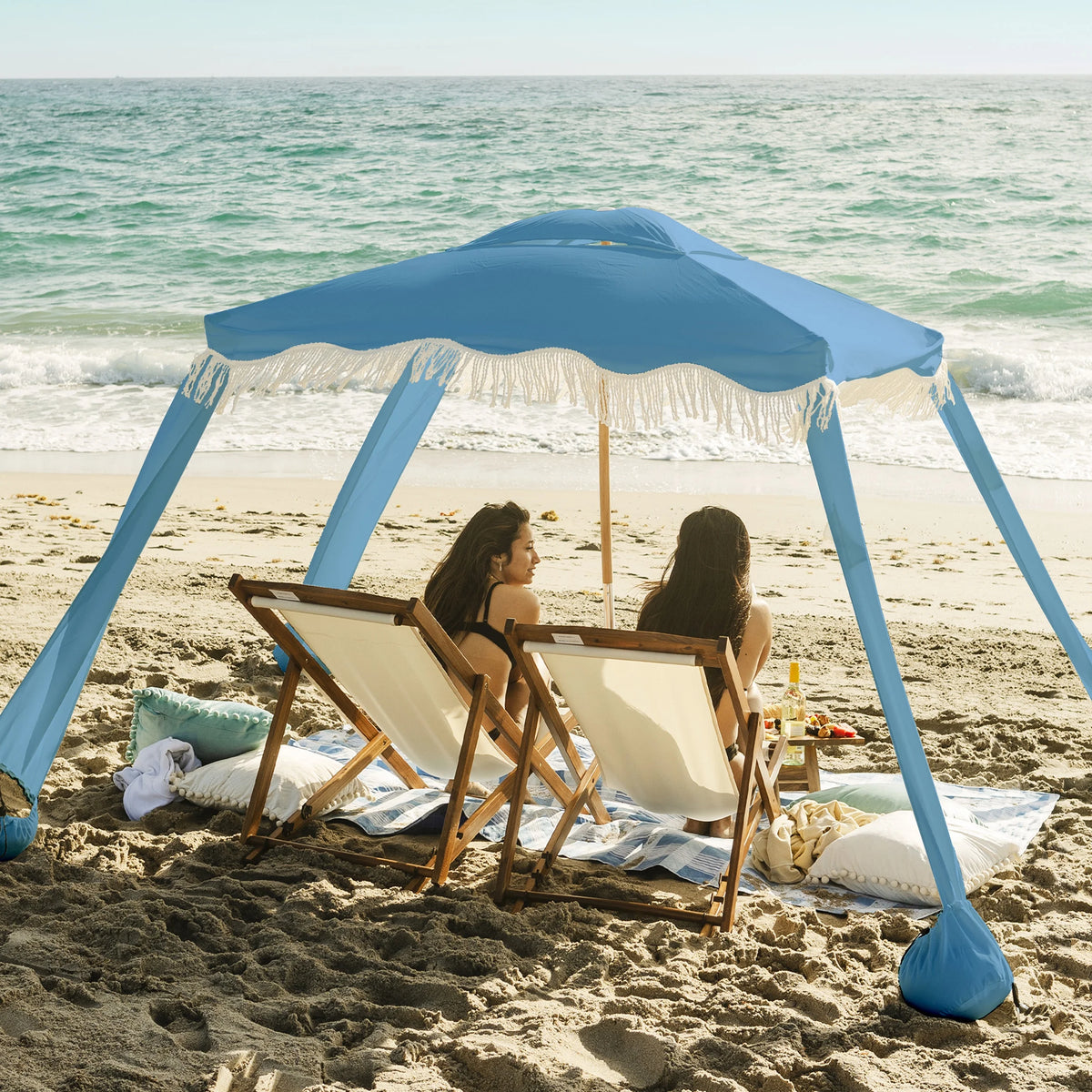 AMMSUN 6'×6' Boho Beach Cabana Tent Canopy with Tassels Fringe UPF50+ Outdoor for Beach Patio,White