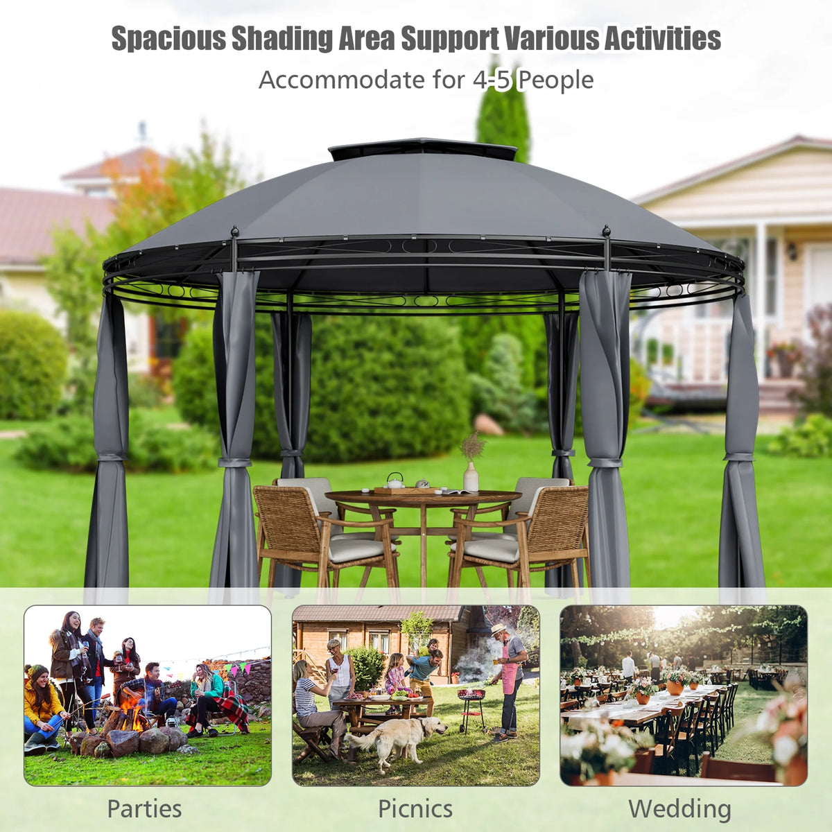 Gymax 11.5' Outdoor Patio Round Dome Gazebo Canopy Shelter Double Roof Steel Gray