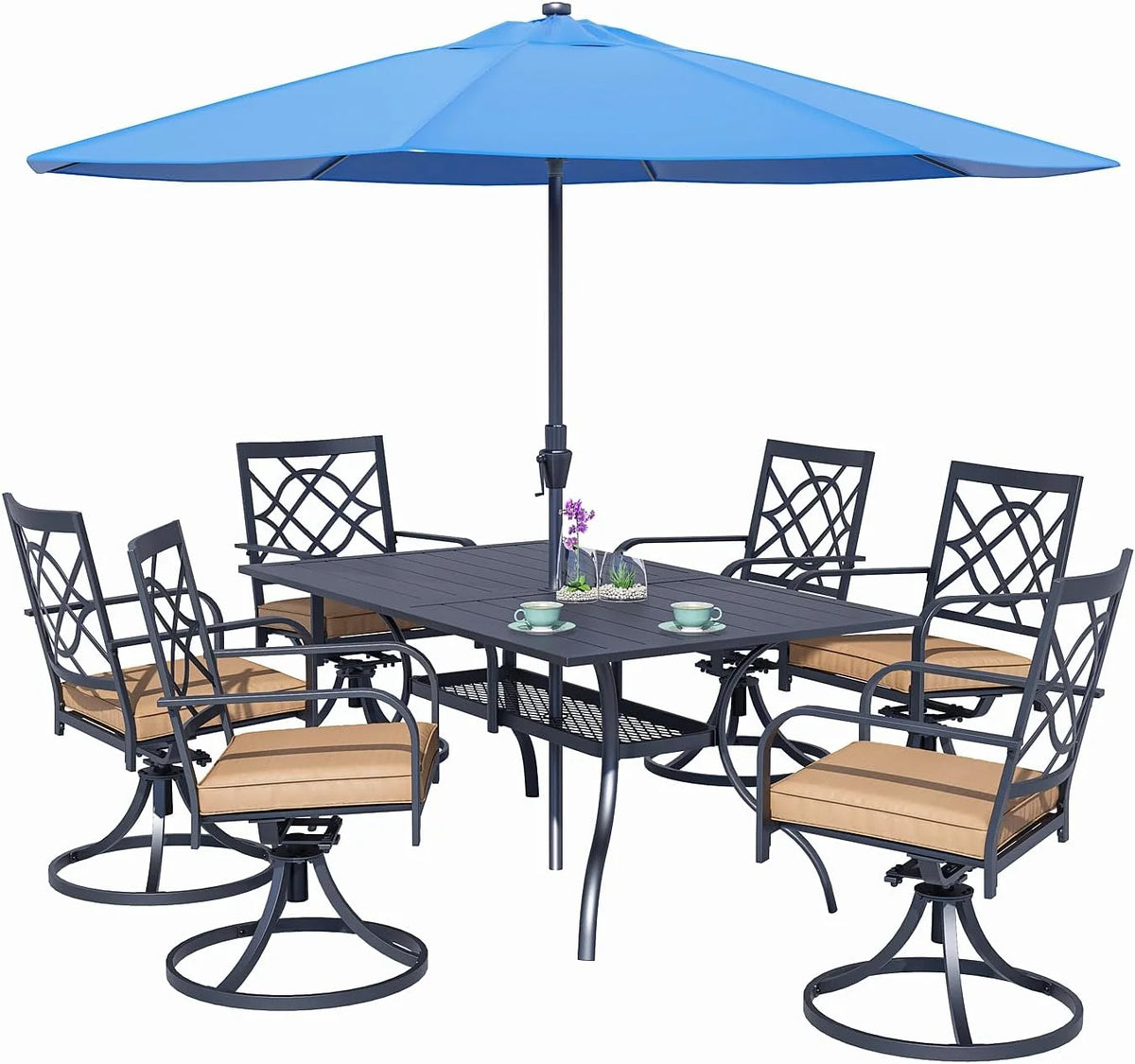 SUNCROWN 5-Piece Outdoor Wrought Iron Chairs and Table Patio Dining Furniture Set - 4 Stackable Metal Chairs, 1 Steel Slat Bistro Table and 1 Sky Blue 9Ft Patio Umbrella for Garden Backyard Deck