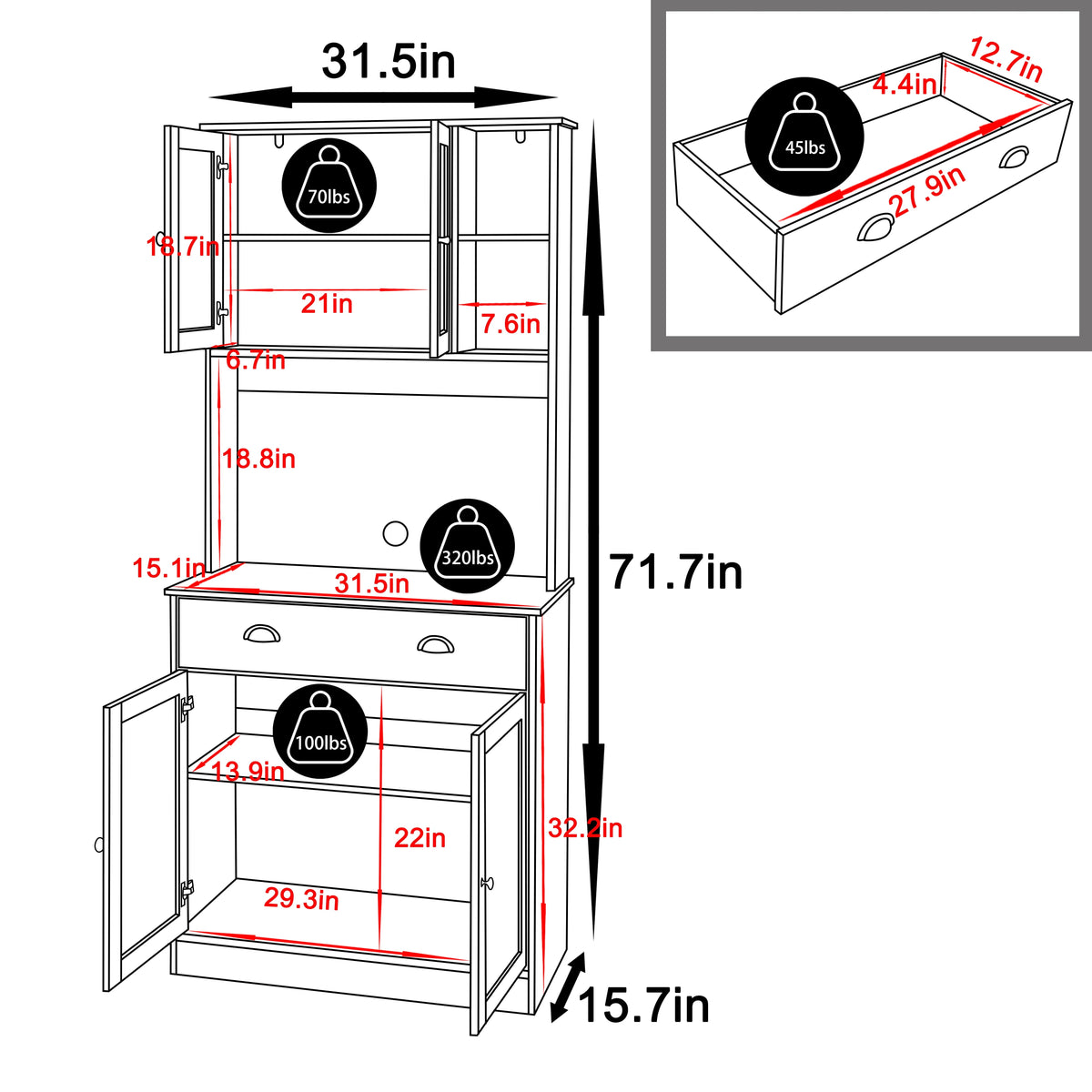 VEIKOUS 72"Kitchen Pantry Storage Cabinet Buffet with Shelves and Microwave Space, White