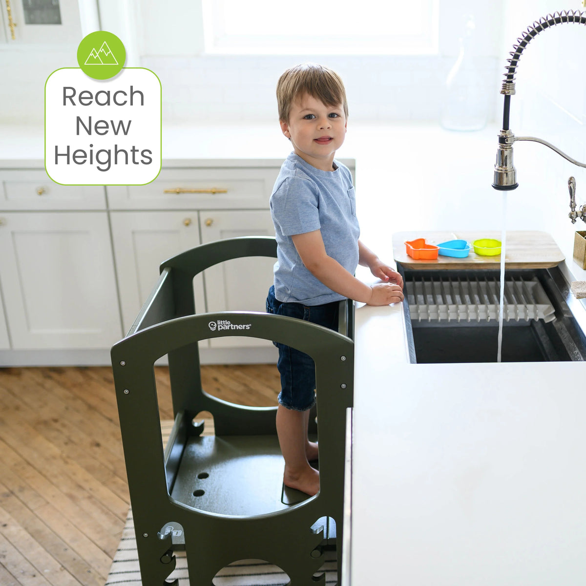 Little Partners Learning Tower Adjustable Height Kitchen Step Stool, Toddler Tower, Encourages Learning, Independence, and Engagement, Safety Climbing Tower for Kitchen Counter - Soft White