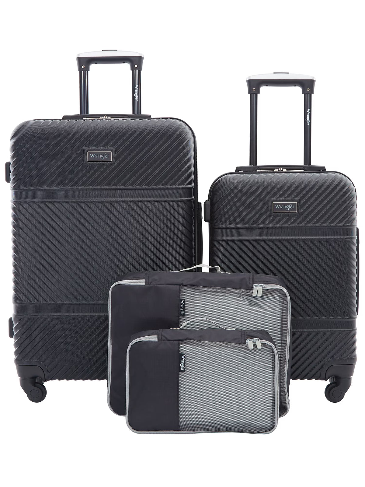 Wrangler 4 Pc Hardside Spinner Luggage Set with 20" & 25" Suitcases and Packing Cubes, Black