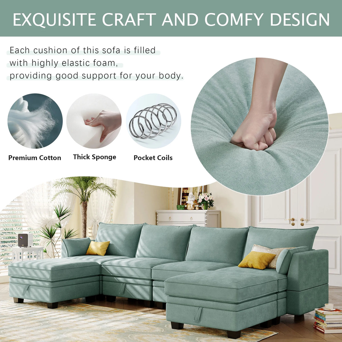 EUROCO 115" Large U/L Shaped Sectional Sofa, 1200LBS 6 Seat Convertible Couch Queen Size Sleeper Bed with Storage Seat and Removable Cushions, Modular Sofa with 2 Stools