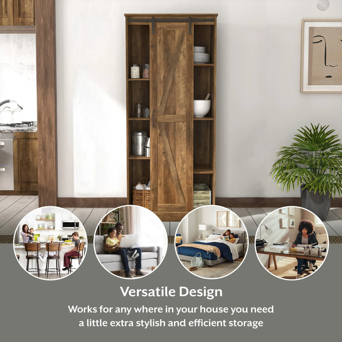 Woven Paths Shelton Wood Kitchen Pantry with 1 Sliding Barn Door, Knotty Oak