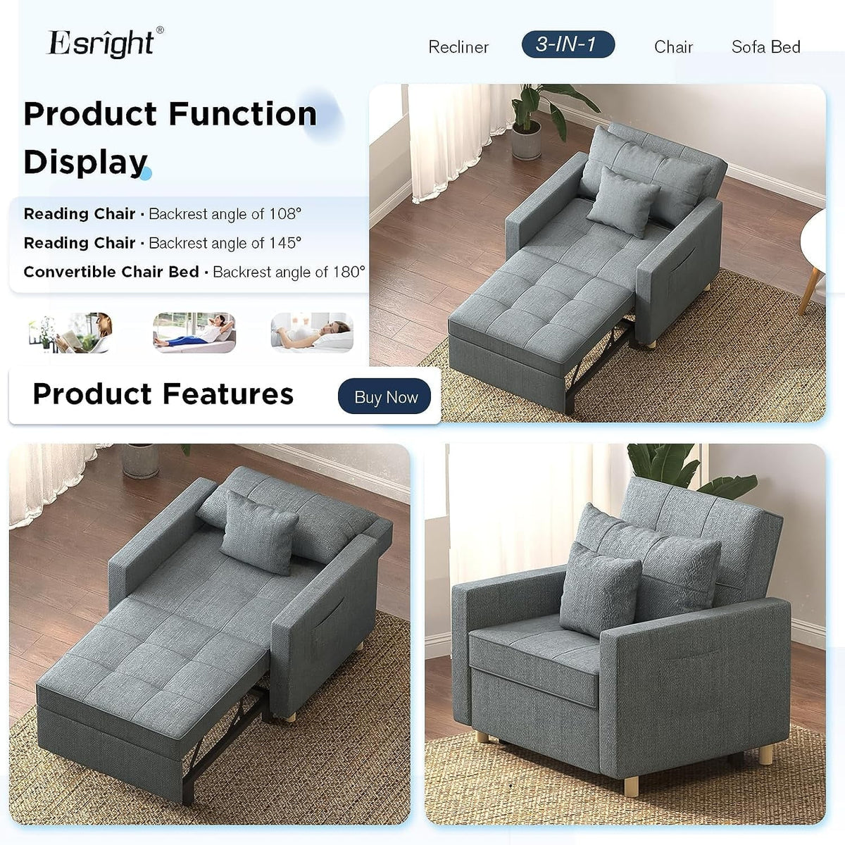 YODOLLA 3-in-1 Futon Sofa Bed Chair,Convertible Sofa Sleeper-Dark Gray