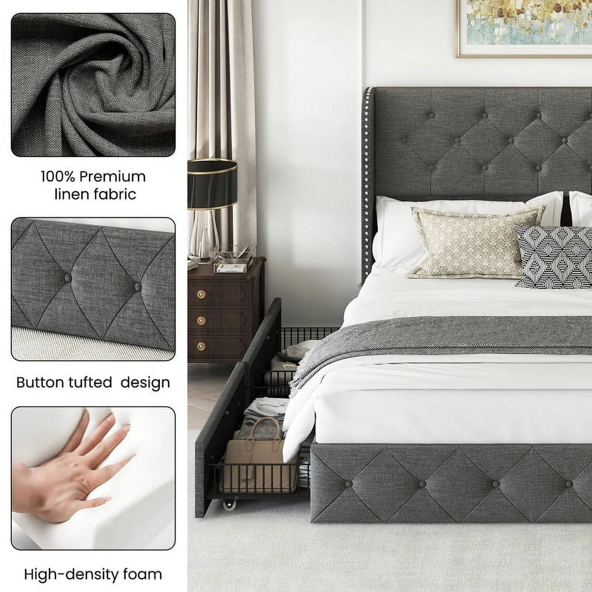 LARMACE Queen Size Platform Bed Frame with 4 Storage Drawers and Tufted Headboard Linen Upholstered Bed Wingback Bed Frame with Wooden Slats Support, Easy Assembly, Light Grey