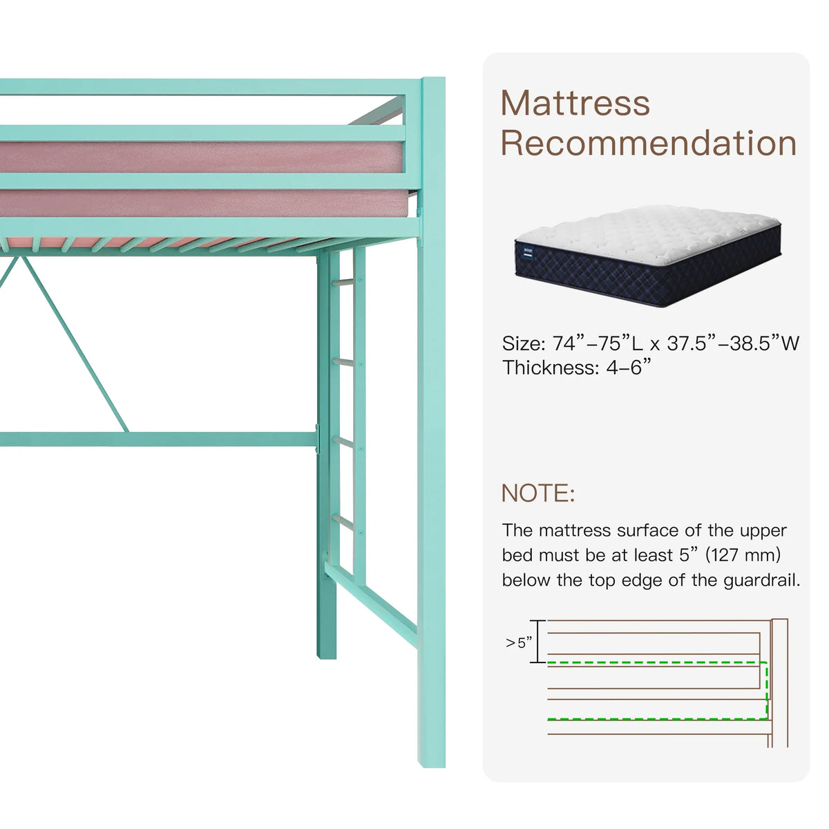 Einfach Metal Twin Size Loft Bed with Removable Ladder & Full-Length Guardrail, White