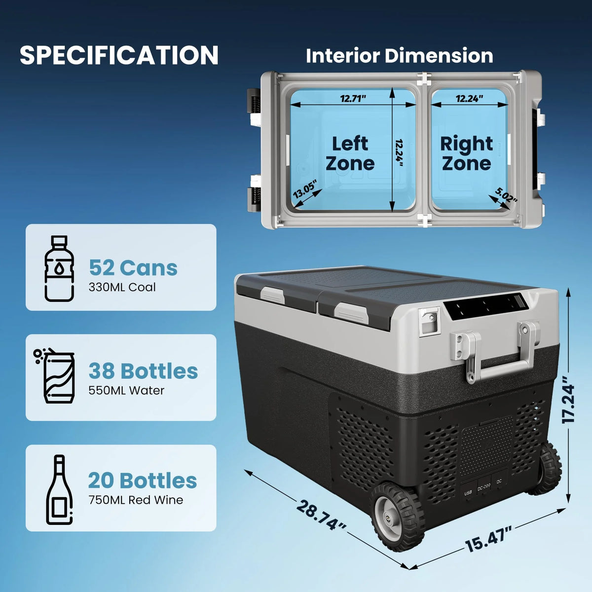 12 Volt Refrigerator, Electric Cooler, Portable Freezer, 12V Fridge -4℉~68℉, 12V Cooler with Wheels & 2 Baskets for Travel, Truck, Boat, Camping