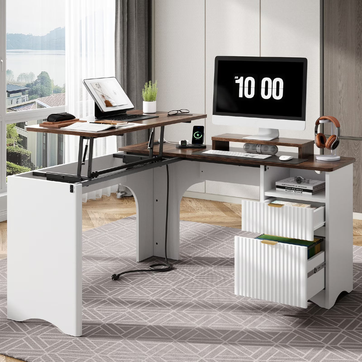 Bestier 55" L-shaped Computer PC Desk Lift Top with Power Outlets Storage Drawers and Monitor Stand, Log