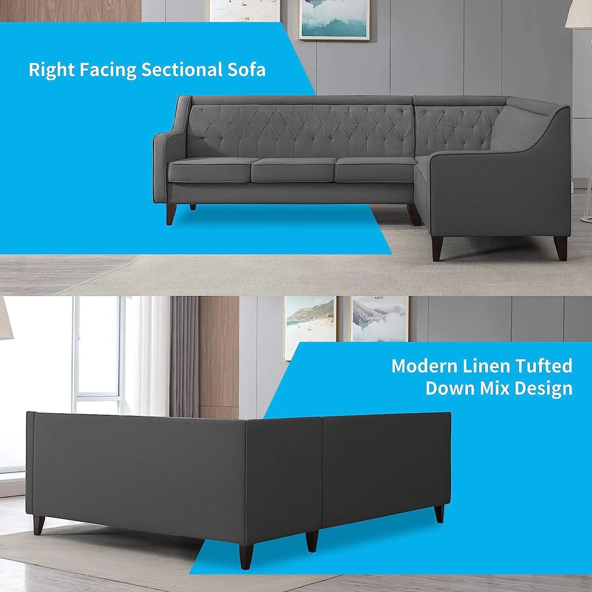 BALUS L Shaped Sofa Couch, Sectional Couches for Living Room, 6-seat Sofa Couch Has Button Tufted Backrest, U Shape Grey Sofa for Living Room/Apartment/Office (Dark Grey)
