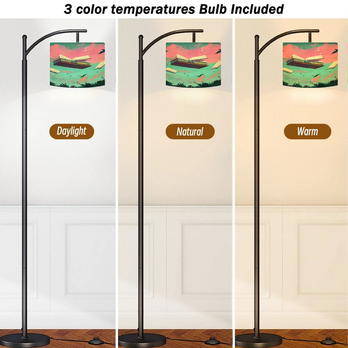 Arc Floor Lamps Surreal Bookshelf Dreamlike Sky Art Print Modern LED Adjustable Lampshade Standing Light for Living Room Reading Bedroom Office