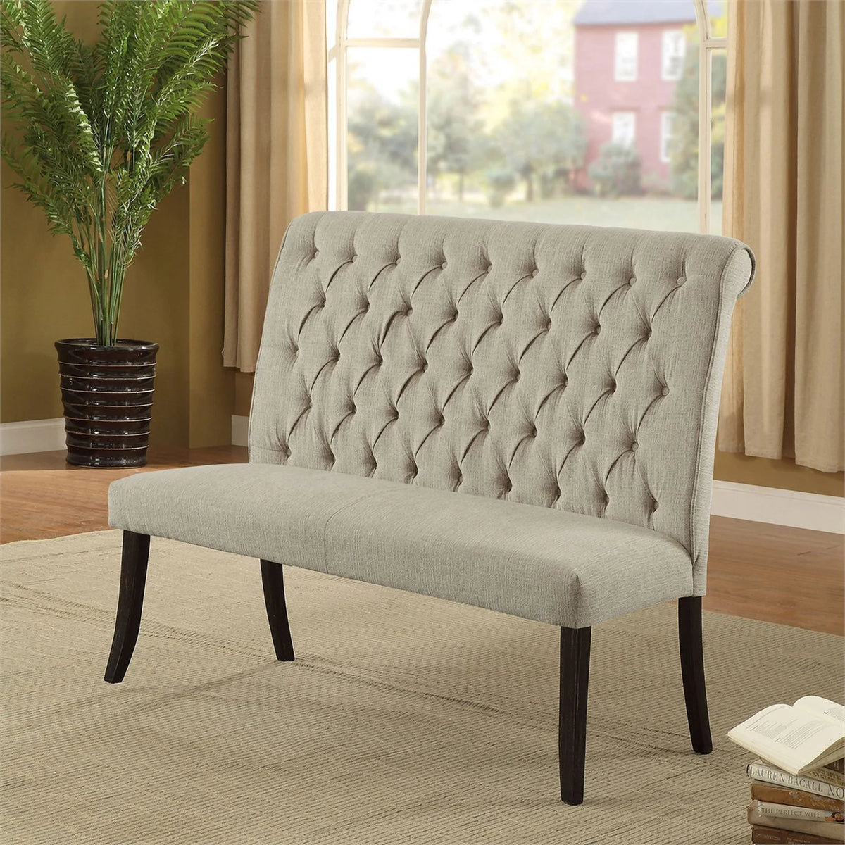 Furniture of America Landon Transitional Fabric Tufted Loveseat Bench in Gray