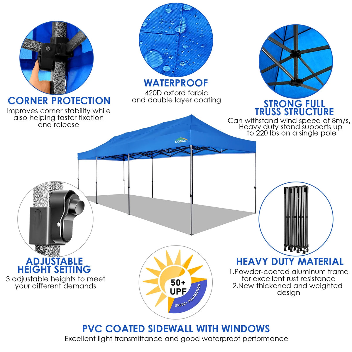 COBIZI 10x10 Heavy Duty Pop-up Canopy Tent for Outside, UPF 50+ Waterproof and Instant Outdoor Shelter, Outdoor Canopy for Beach,Party,Camping with Rope,Stake and Carrying Bag,White(Frame Thickened)