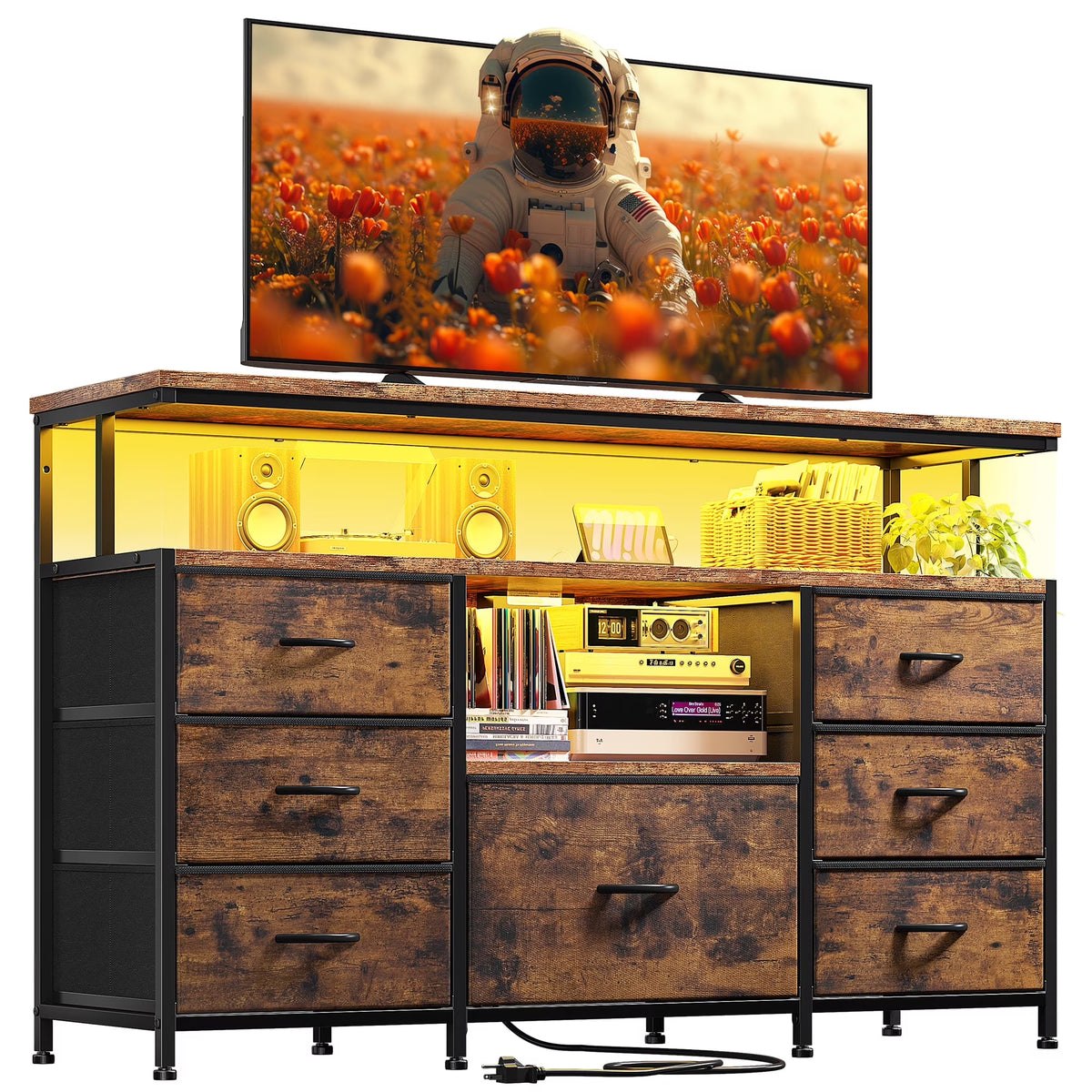 EnHomee Dressers for bedroom TV Stand with Power Outlets &LED Lights Wide Dresser with 10 Drawers&Side Pockets & Hook Fabric Chest of Drawers,Black