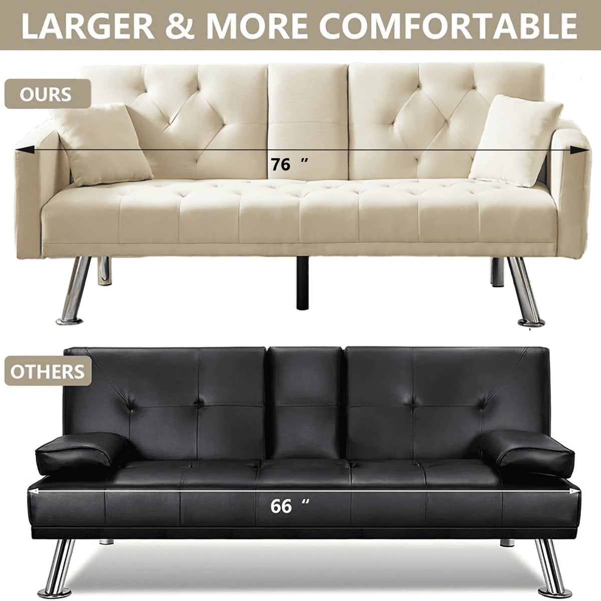 Modstyle 76" Fabric Futon Sofa Bed with Adjustable Backrest & Cup Holder, Beige