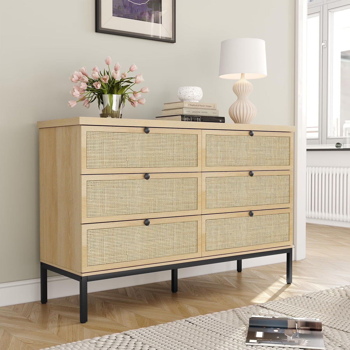 Brafabhome Rattan 6 Drawers Dresser for Bedroom, Vintage Boho Double Dresser Wicker Chest with Wooden Legs for Living Room Hallway| Mint