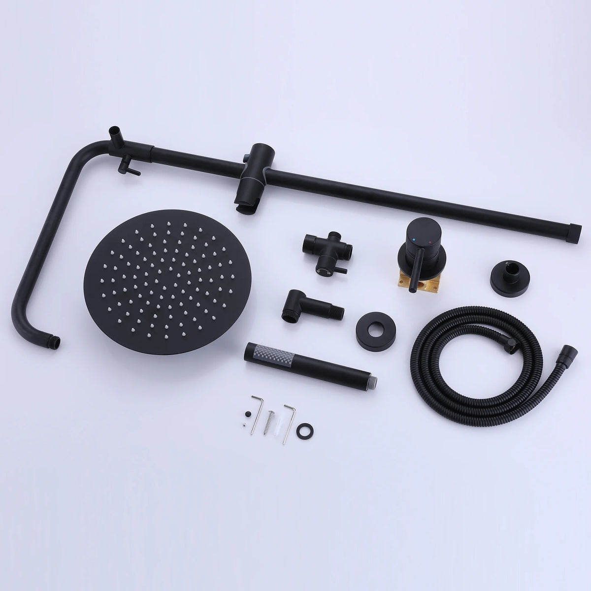 Brass Exposed Pipe Shower System, 10-inch Rainfall Shower Head with Handheld Shower Head with Rough-in Valve