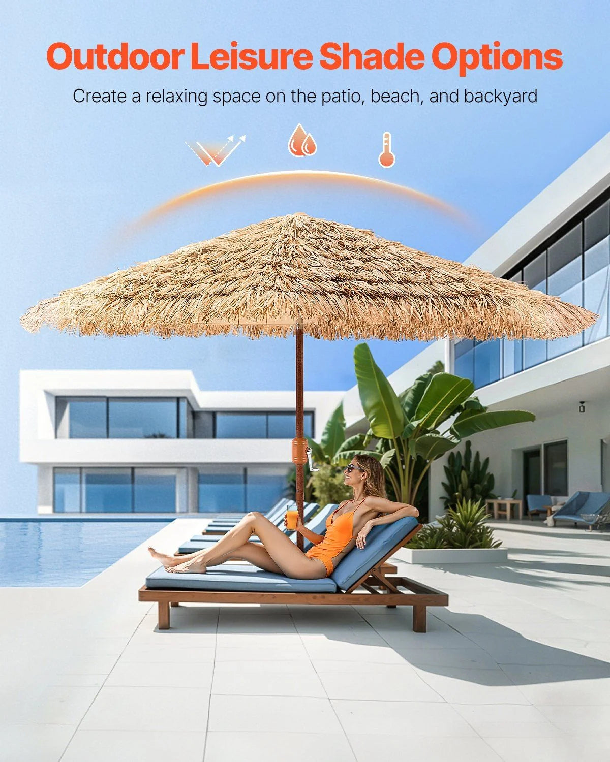 Tiki Umbrella Thatched Patio Umbrella 9 ft Poolside Patio Beach Umbrella