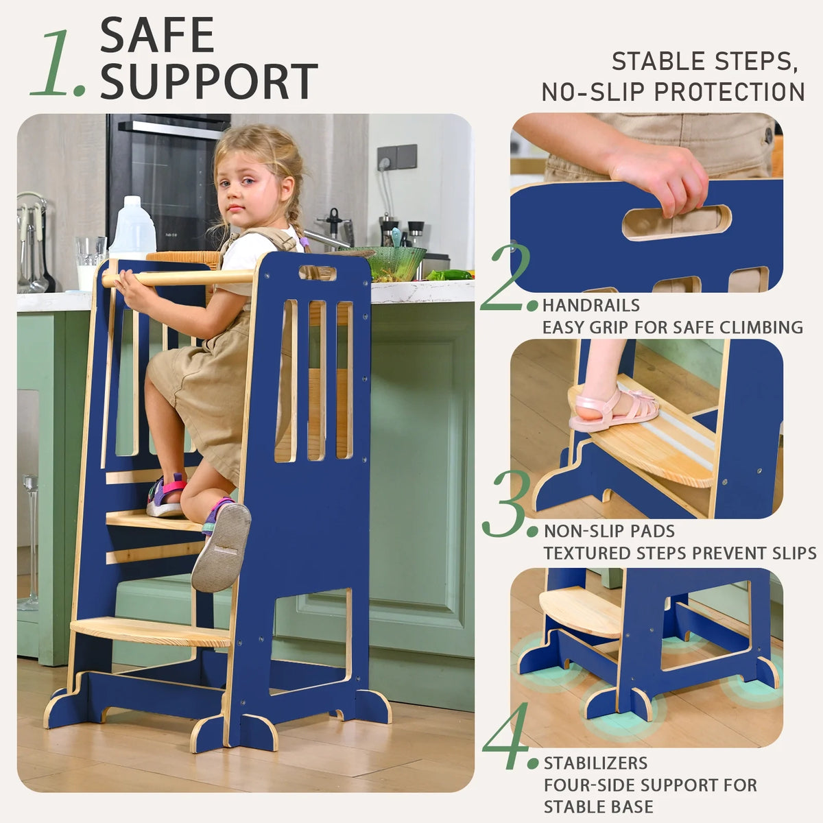 Toddler Standing Tower, Kids Kitchen Stool Helper 3 Levels Adjustable Height Wooden Toddler Step Stools for Learning New Skills