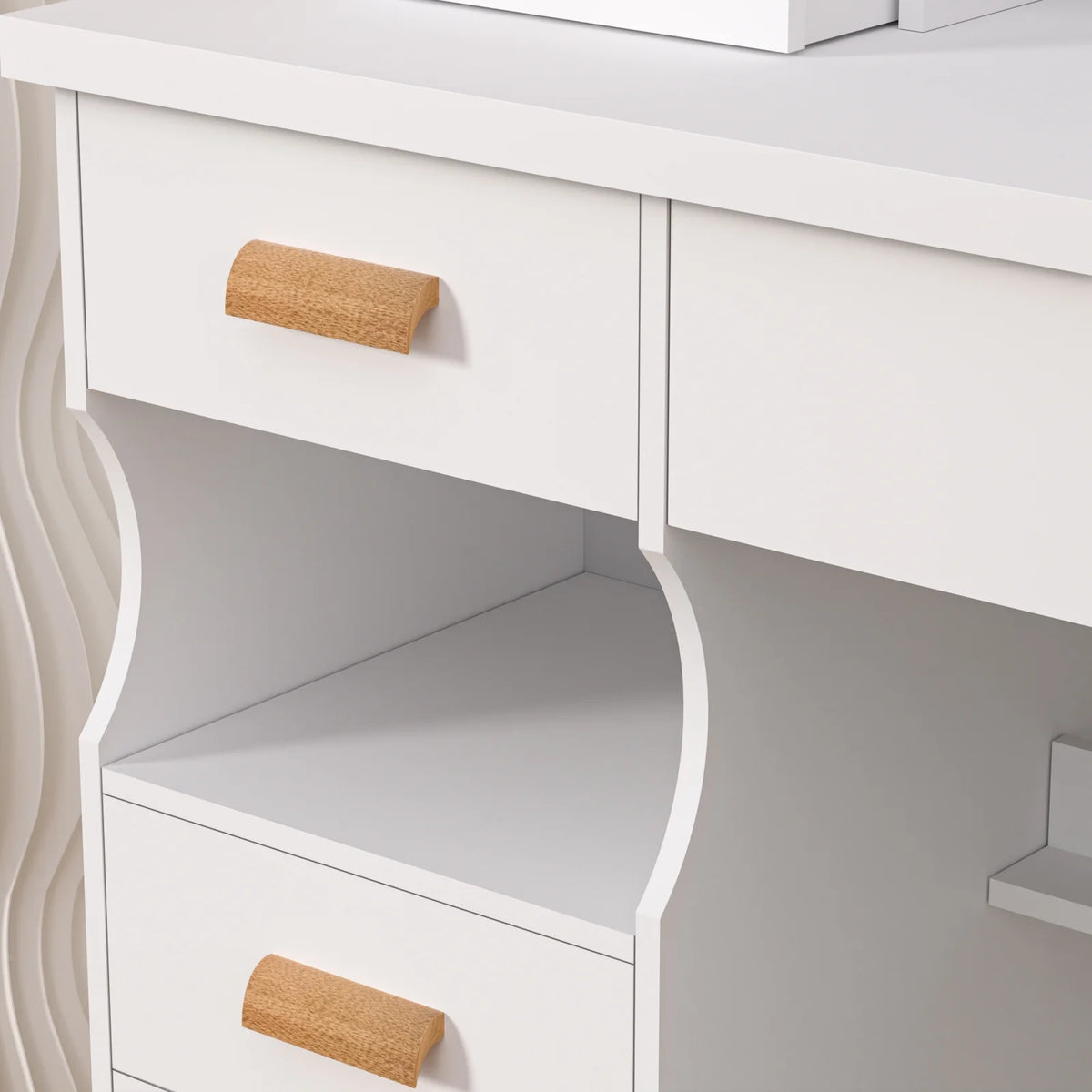 Lorelo Vanity Desk with Sliding Mirror, Bedroom Dressing Table, Makeup Table with 5 Drawers & Shelves, Hidden Storage Space