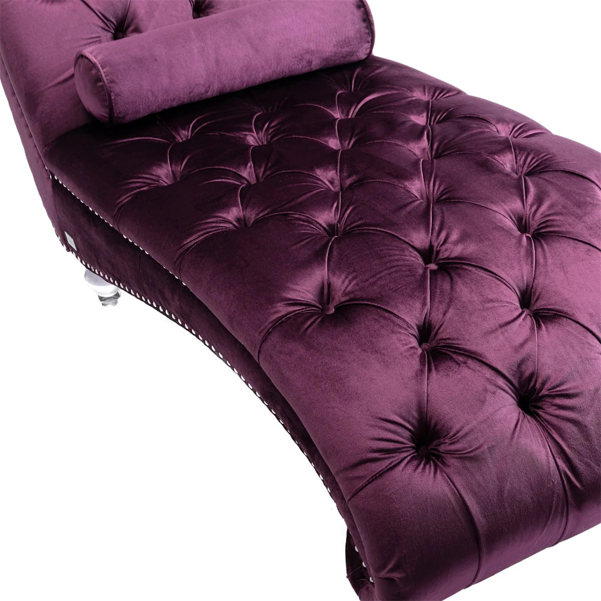 Velvet Chaise Lounge Chair, Modern Button Tufted Lounge Chair with Acrylic Legs and Nailhead Trim, Upholstered Sleeper Chair with Toss Pillow for Living Room Bedroom, Purple