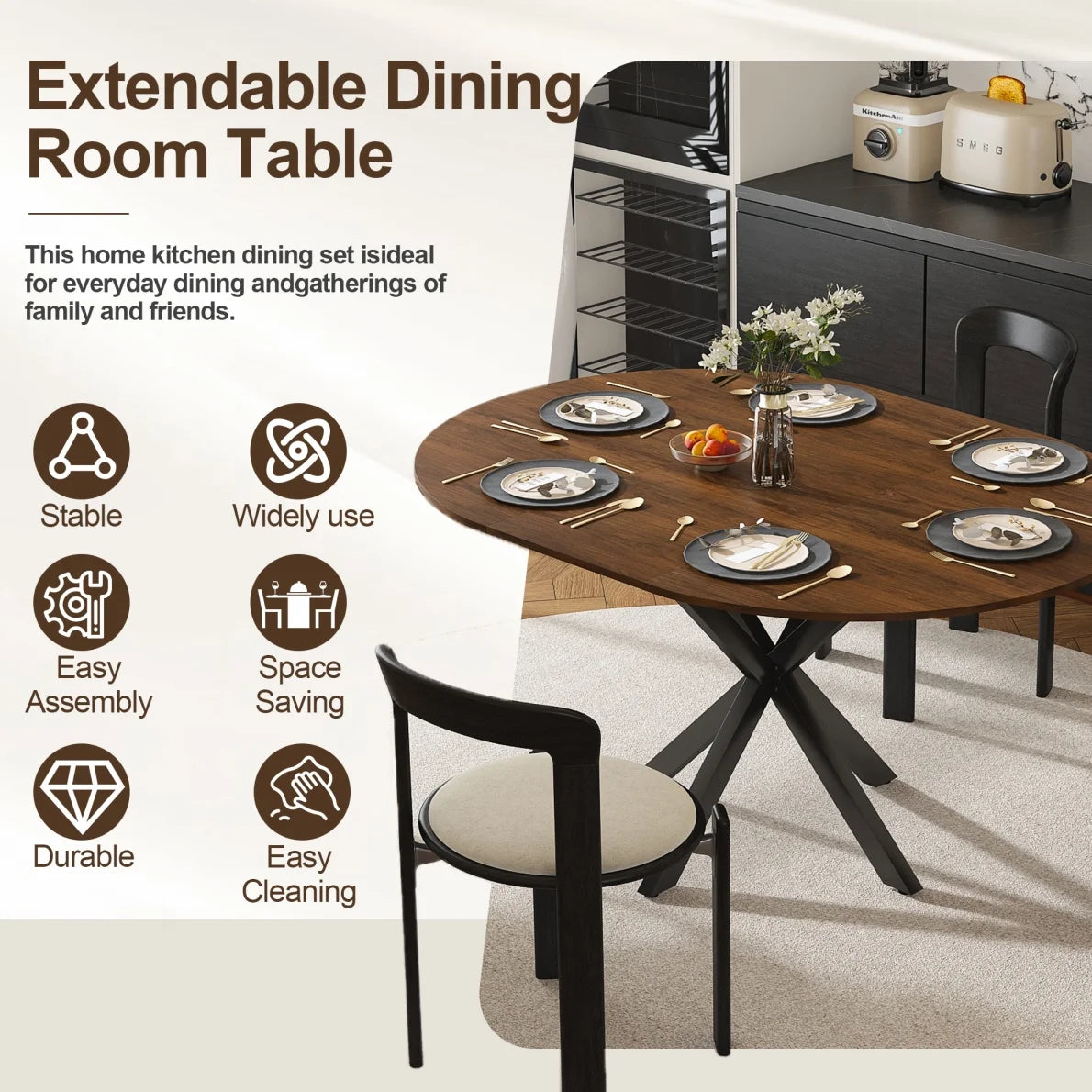 42"-59" Extendable Dining Table, Farmhouse Oval Kitchen Table with Removable Leaves and Metal Legs Support for Living Room, Walnut