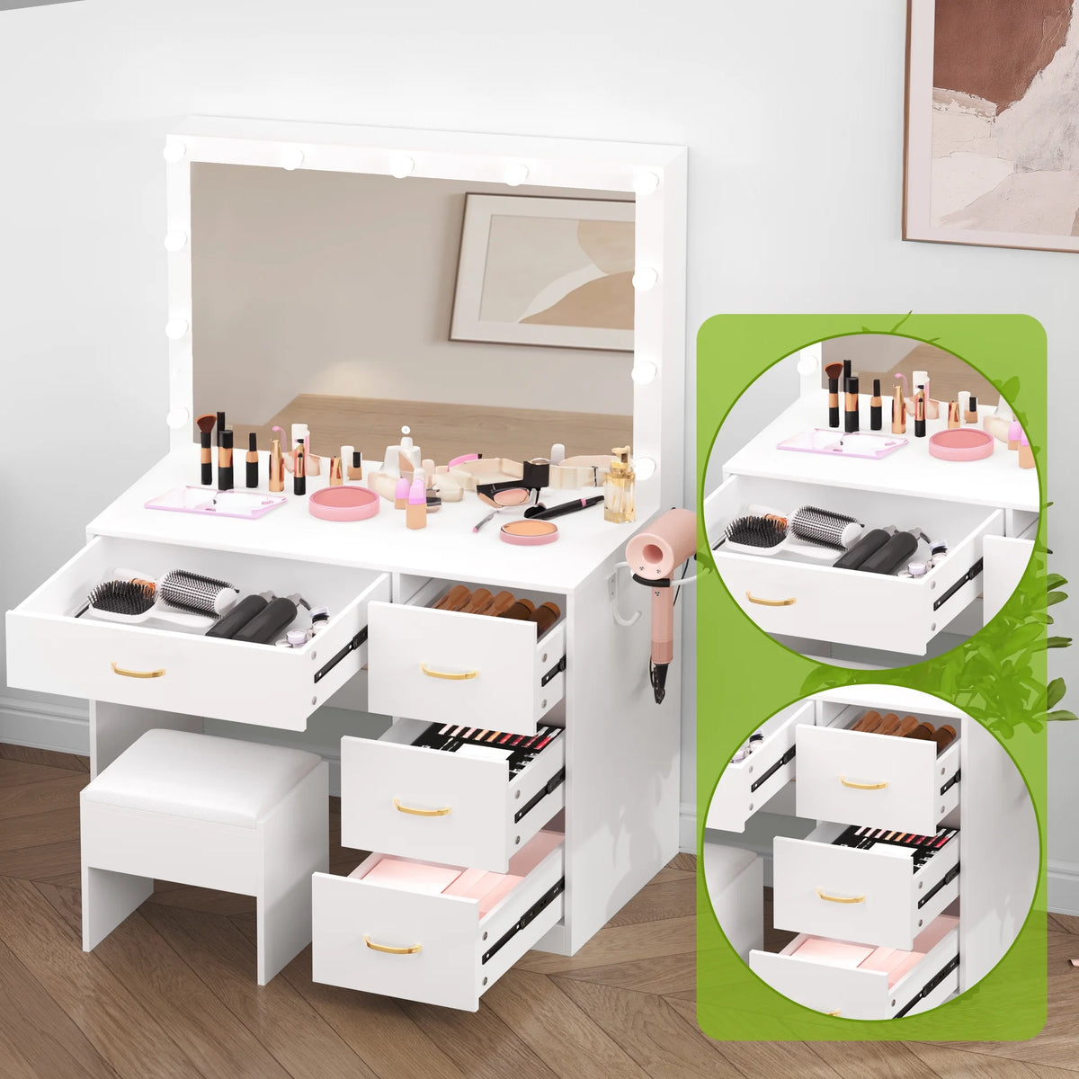 Dextrus Makeup Vanity Desk with Large Lighted Mirror and Storage - Enhance Your Beauty, Routine 4 Drawer Vanity Table with Cushioned Stool, Milky-White