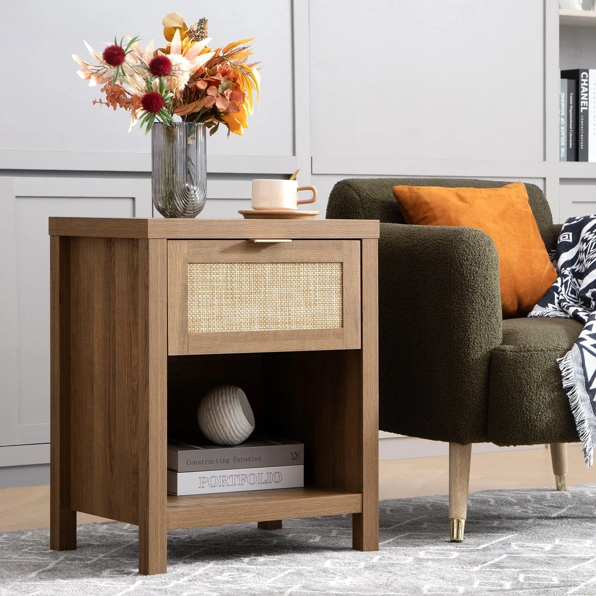 SICOTAS Rattan Nightstand with Drawer and Storage Bedside Table End Table Side Table Accent Table for Bedroom Living Room