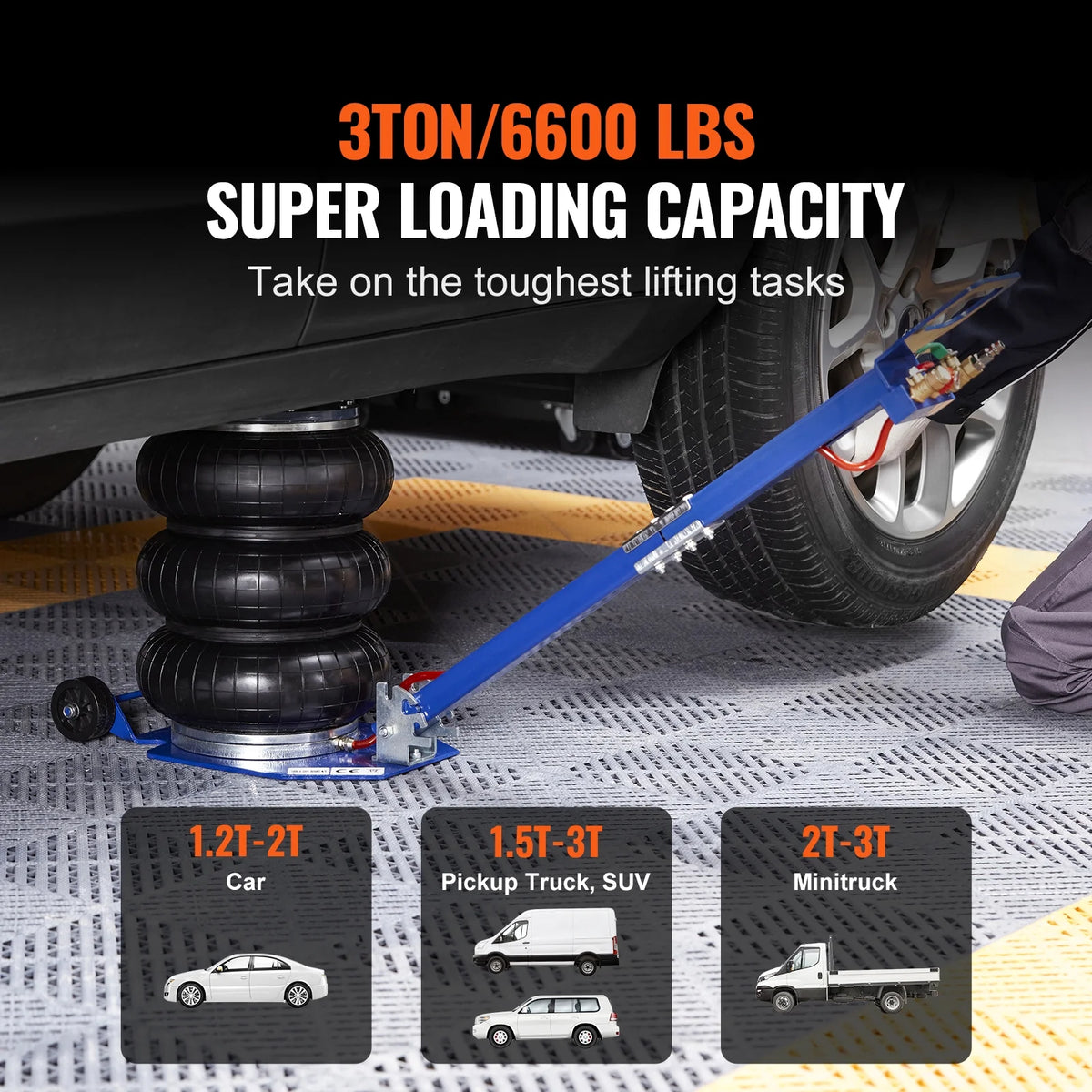 KFFKFF Air Jack, 3 Ton/6600 lbs Three Bag Air Jack, Air Bag Jack with Six Steel Tubes, Lift to 17.7 Inch, 3-5 Seconds Quick Lift Air Jack with Adjustable Long Handle, Suitable for Car, Garage