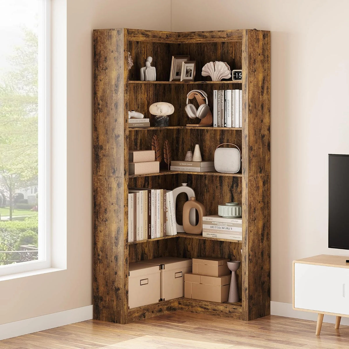 Studyset Corner Bookshelf Farmhouse Corner Bookcase 71.8'' Tall Bookcase, L-Shaped Large Display Shelf 5 Tier L-Shaped Bookshelf Large Shelf w/Anti-Tipping Kit, Bookcases with Storage Heavy Duty