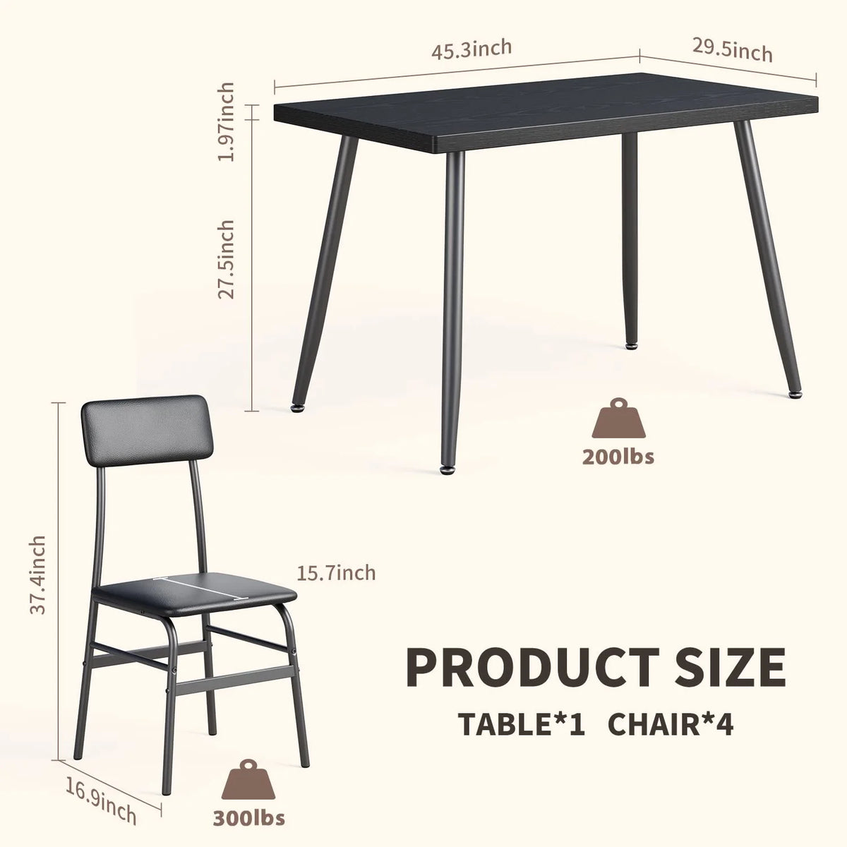 Aiho 5-Piece Modern Dining Set, Metal & Wood Table & 4 Chairs, Space-Saving for Small Spaces & Apartments, Retro