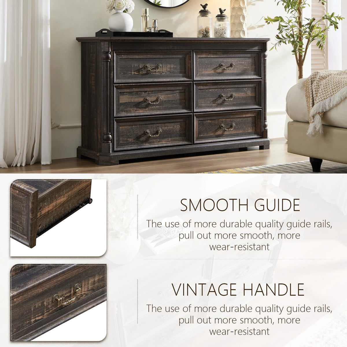 Brafabhome Rattan 6 Drawers Dresser for Bedroom, Vintage Boho Double Dresser Wicker Chest with Wooden Legs for Living Room Hallway| Mint