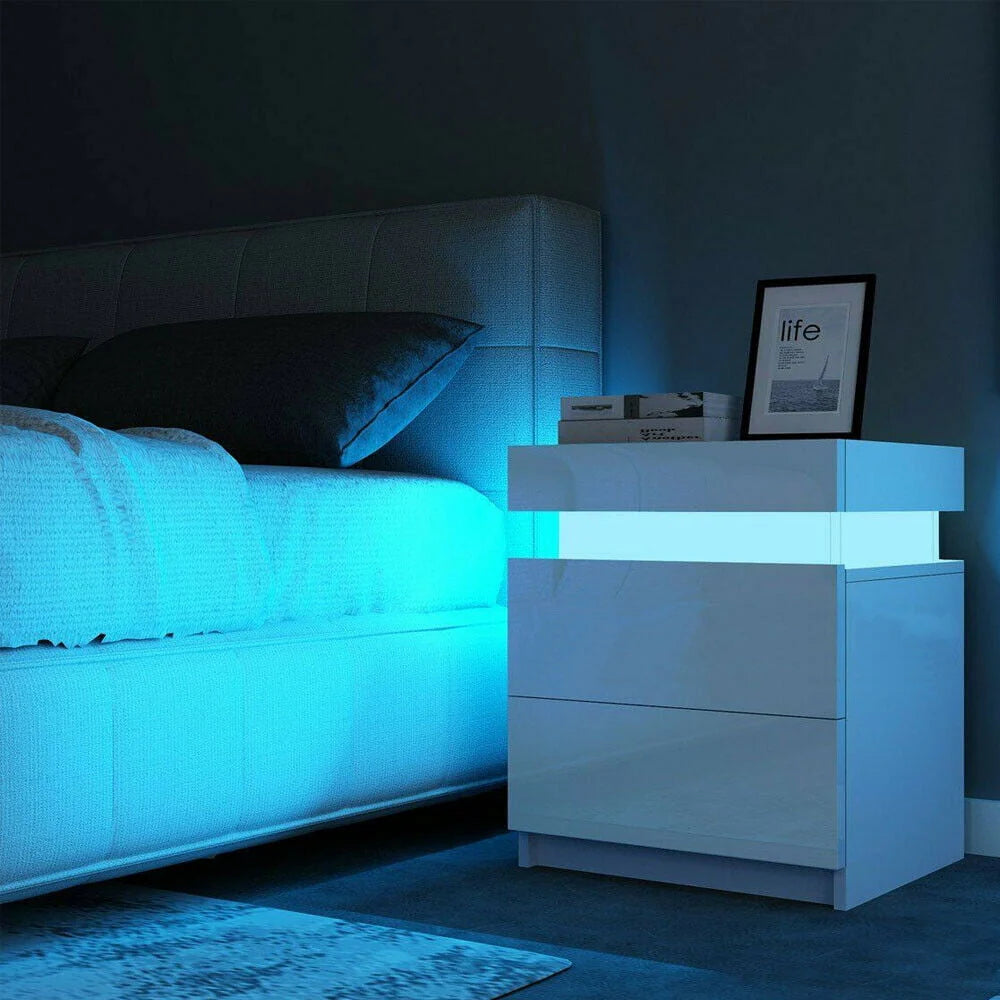 Hommpa Modern LED Nightstand with 2 Drawers High Gloss Led Light Bedside Table Storage White Night Table with Lights End Side Table with Drawer for Bedroom 20.5" Tall