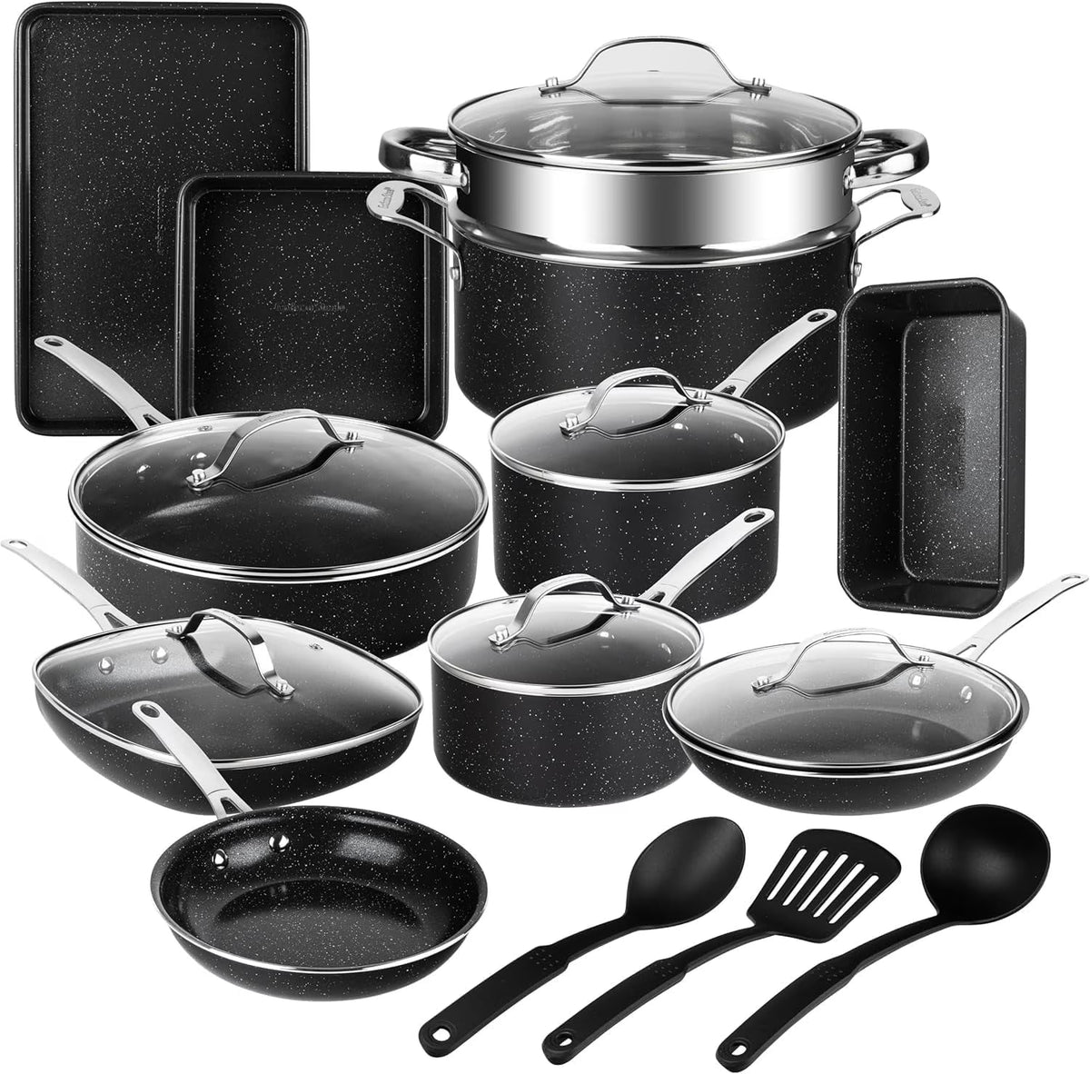 Granitestone 20 Pc Ceramic Cookware Set Nonstick, Pots and Pans Set Non Stick for Kitchen with Bakeware and Utensils, Ceramic Pan Set, Non Toxic Cookware Sets, Oven & Dishwasher Safe, Black