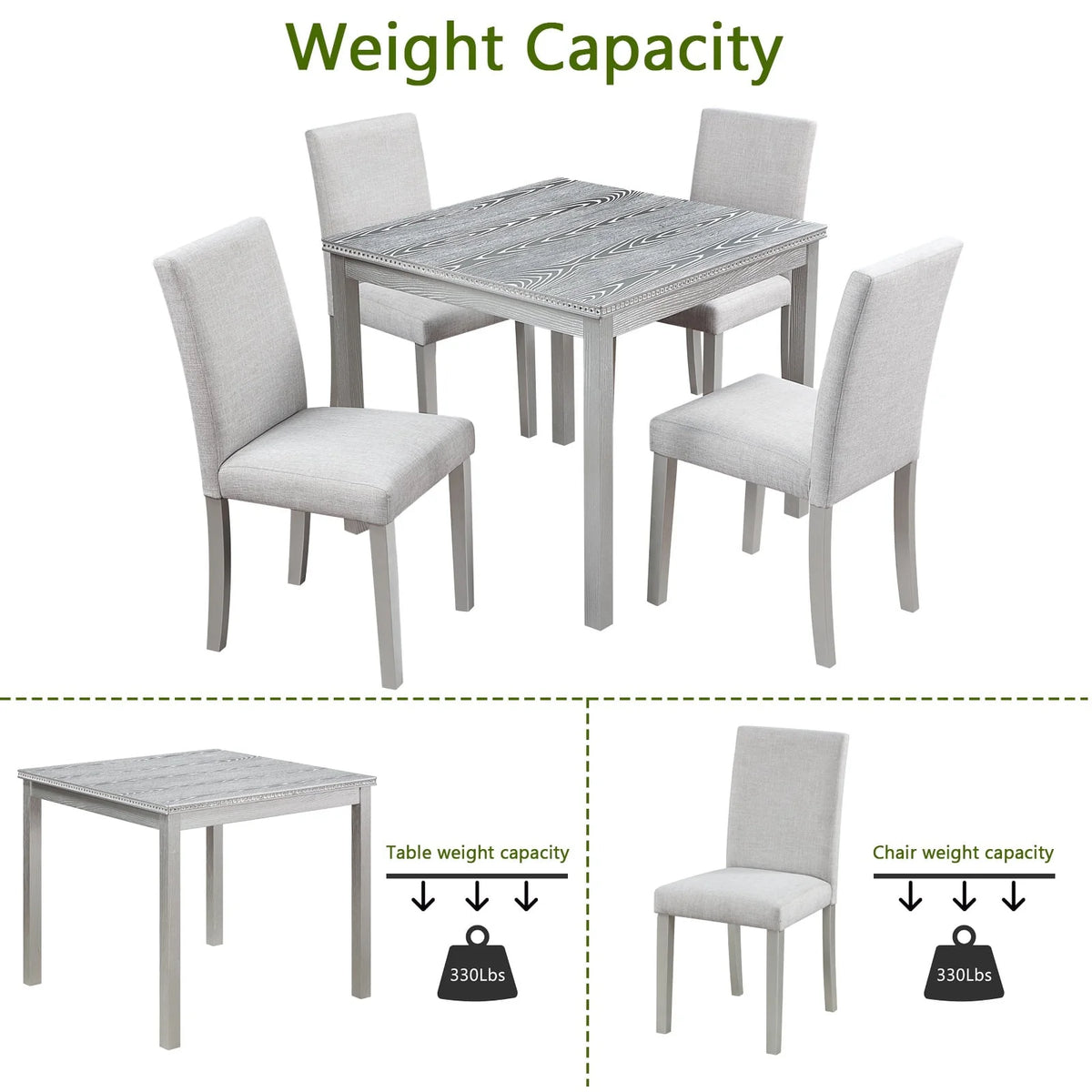PORKISS Dining Table Set for 4, Solid Wood Dining Room Set with 1 Square Table 4 Upholstered Chairs, Dinner Table with Padded Chairs for Home Kitchen, Gray