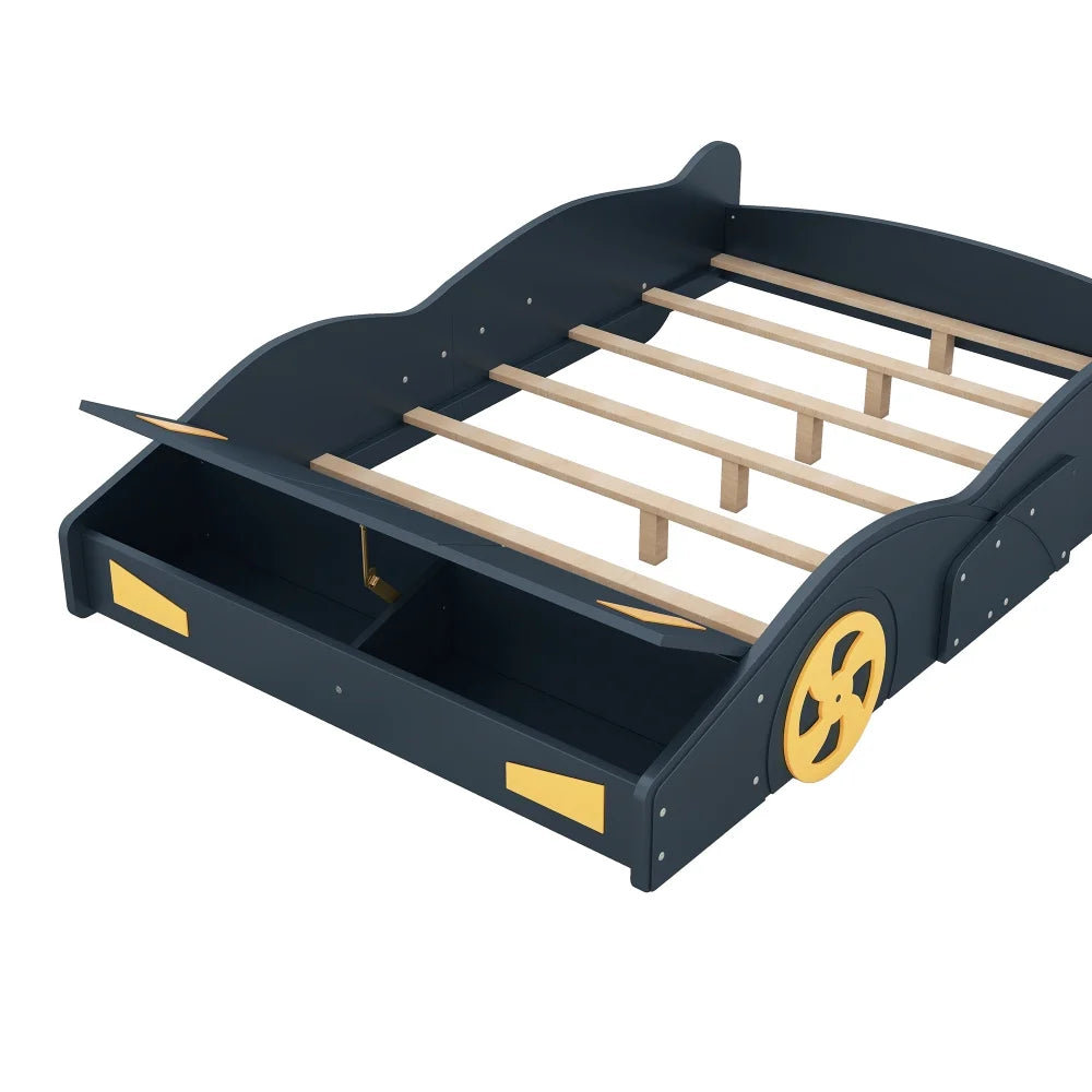 Full Size Modern Race Car-Shaped Platform Bed with Wheels and Storage, Solid Wood Platform Bed Frame with Sturdy Slat Support for Kids, Boys, Girls(Dark Blue)