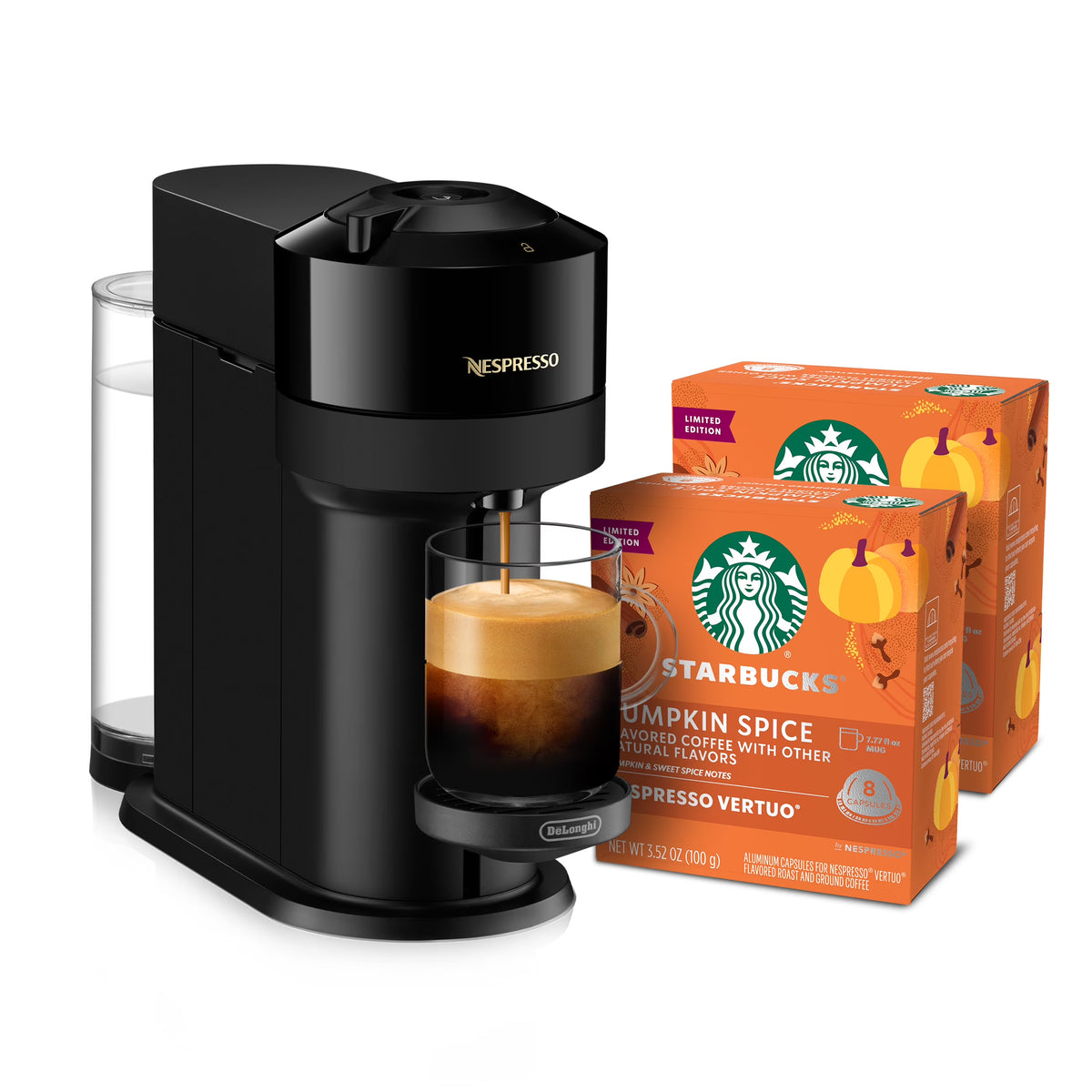 Nespresso Bundle, Vertuo Next Machine and Starbucks Pumpkin Spice Capsules, 16 Pods