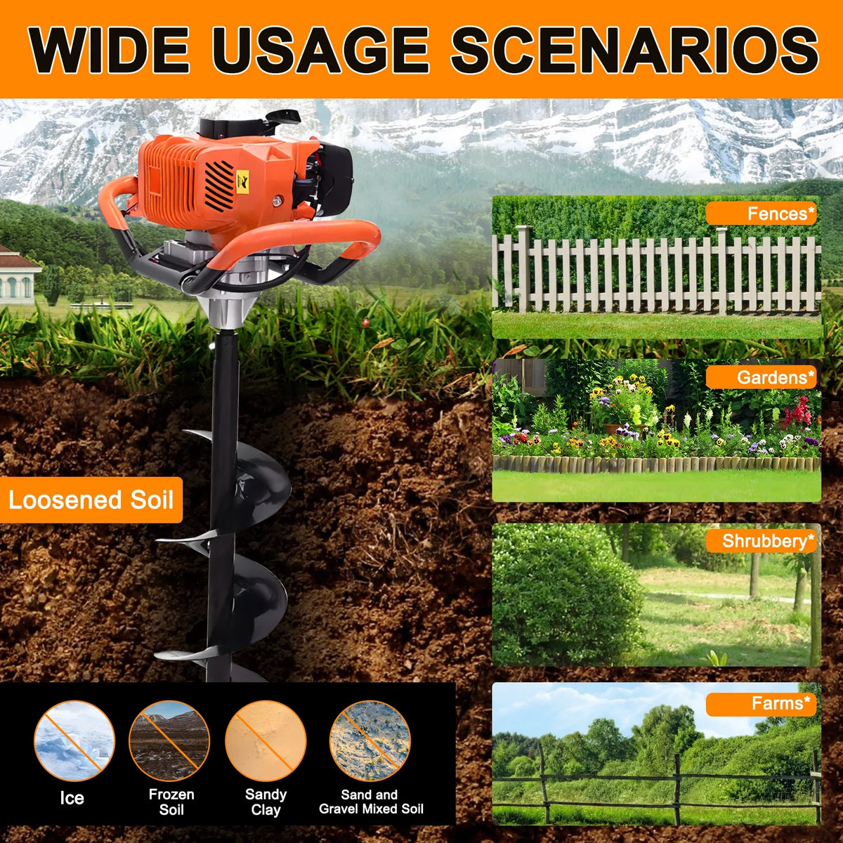 PRIJESSE Gas Powered Earth Digger Post Hole Digger with 3 Extension Rods + 3 Auger Drill Bits
