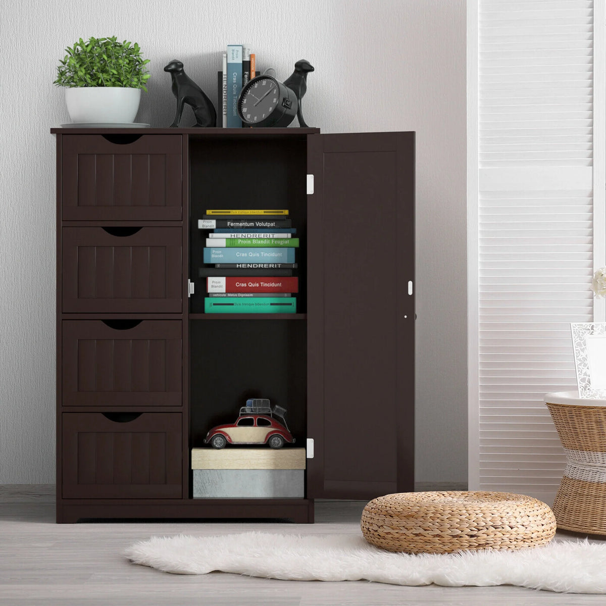 Gymax Bathroom Floor Cabinet Storage Organizer Cupboard w/ 4 Drawers Adjustable Shelf Grey