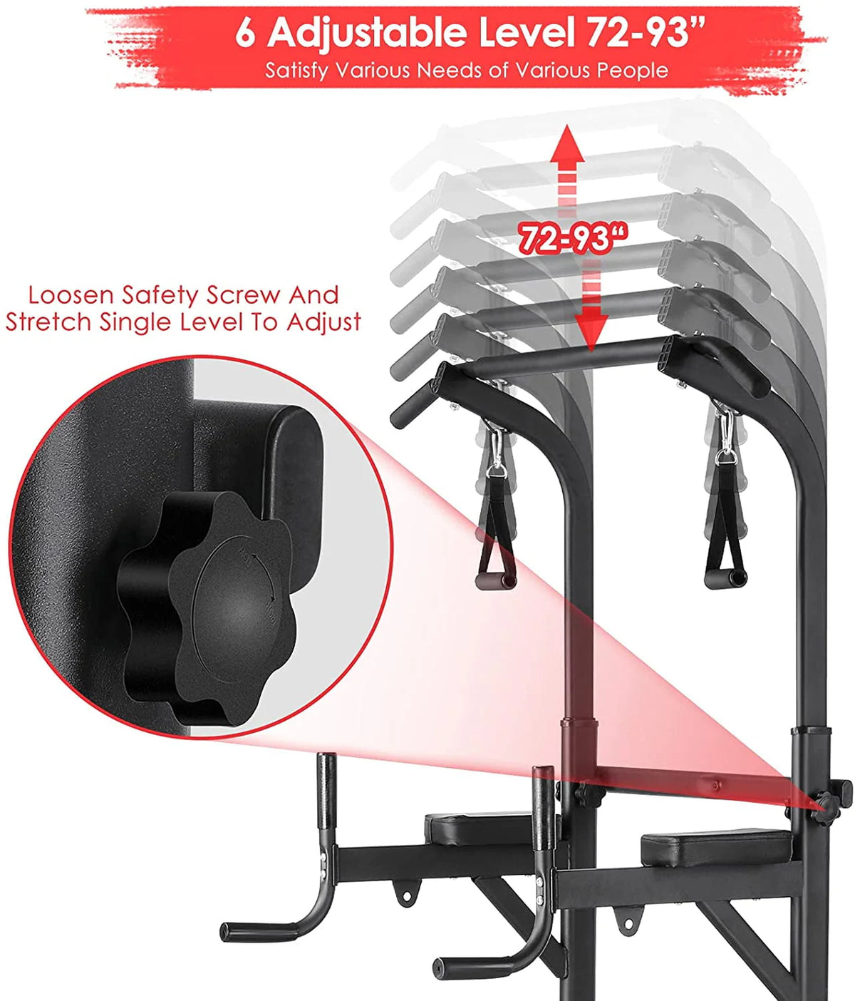 HOMFY Power Tower w/Sit Up Bench, Multifunction Dip Pull Up Bar Station, Heavy Duty Steel Frame w/Pull Rope 400lb