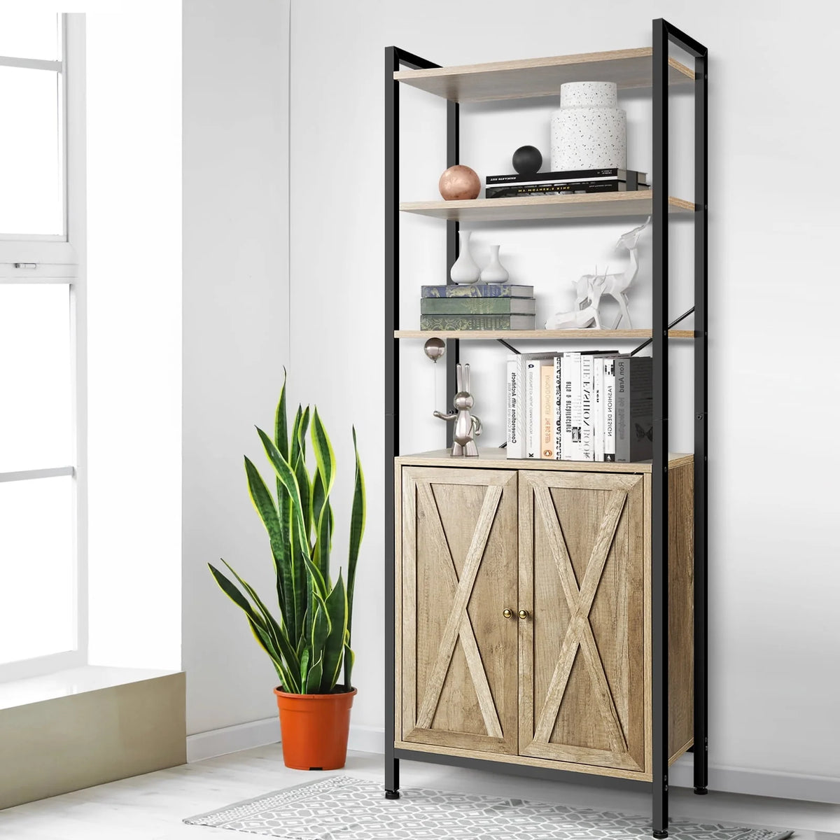 MONVANE Farmhouse Bookshelf and Bookcase with Doors, Crosshatch Design, 4 Shelves, Light Grey