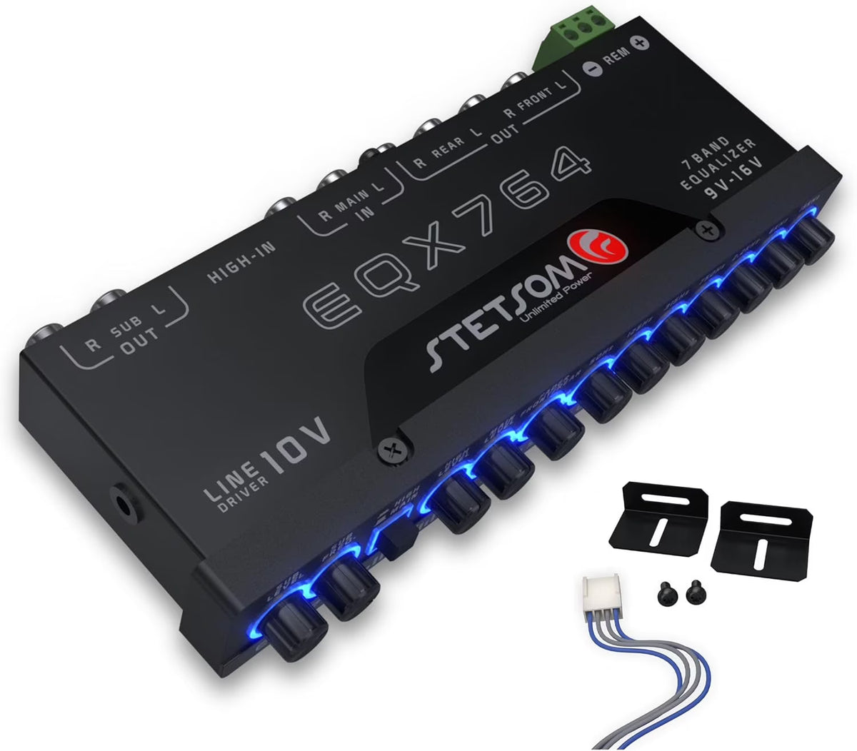 EQX764 7 Band Equalizer, Pre-Amp Car Audio Graphic Equalizer with 4 Inputs (RCA & High) 6 Outputs, 10v Line Driver to Avoid Noise and Dedicated Sub Controls (Level & Frequency)