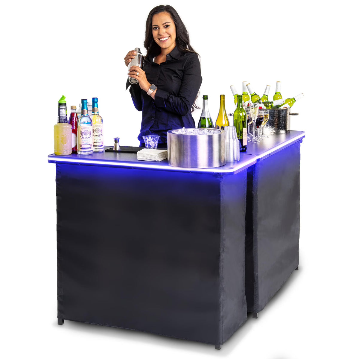 GoBar Portable Double Bar Table Set with Multi-Color LED Lights - Mobile Bartender Station for Events - Includes Carrying Case