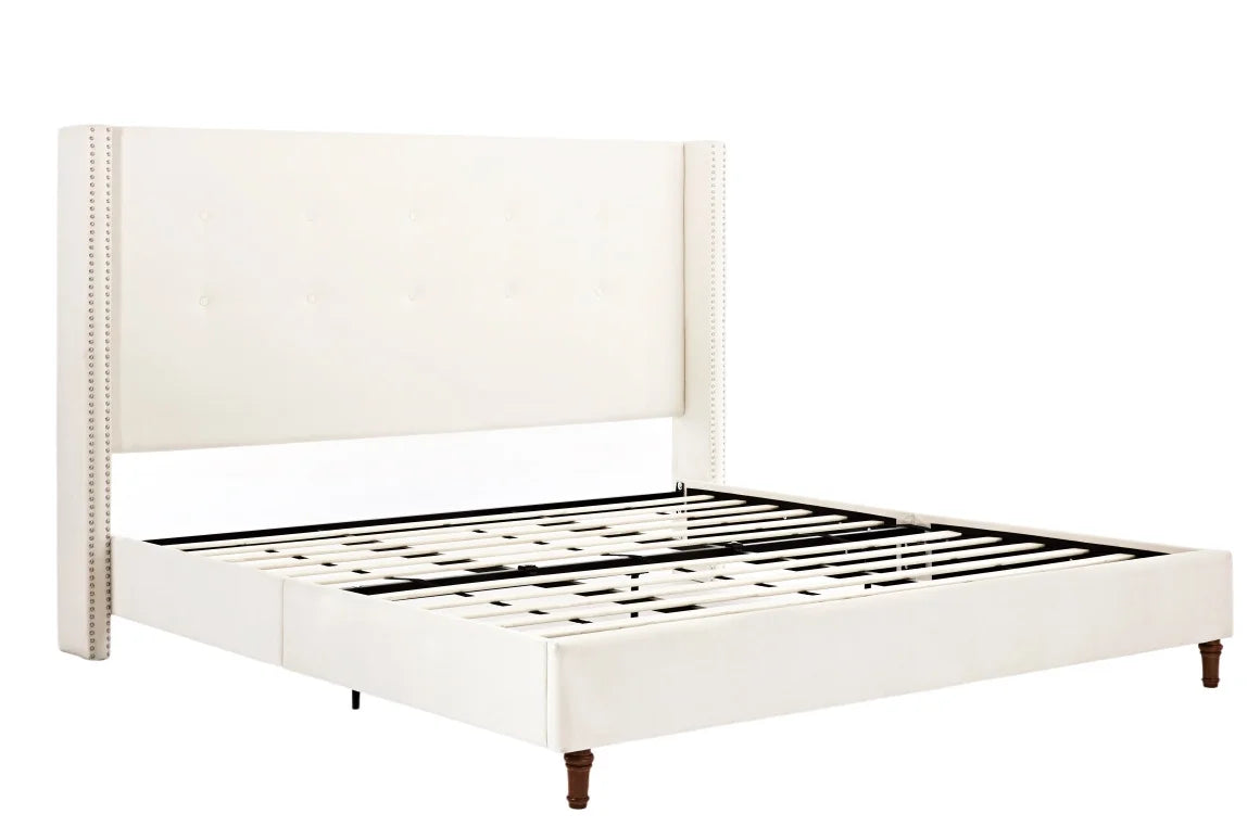 King Bed Frame Upholstered Bed with Tall Headboard, Chenille Platform Bed King Size, No Box Spring Needed, Easy Assembly, Ivory