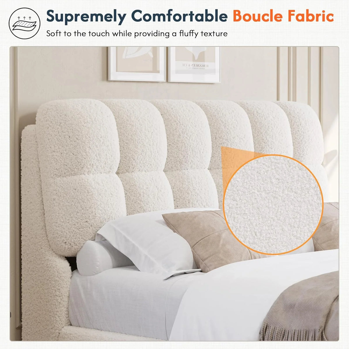 Upholstered Bed Frame Queen Size with Headboard, Modern Soft Cloud Queen Platform Bed for Bedroom, No Box Spring Needed, White