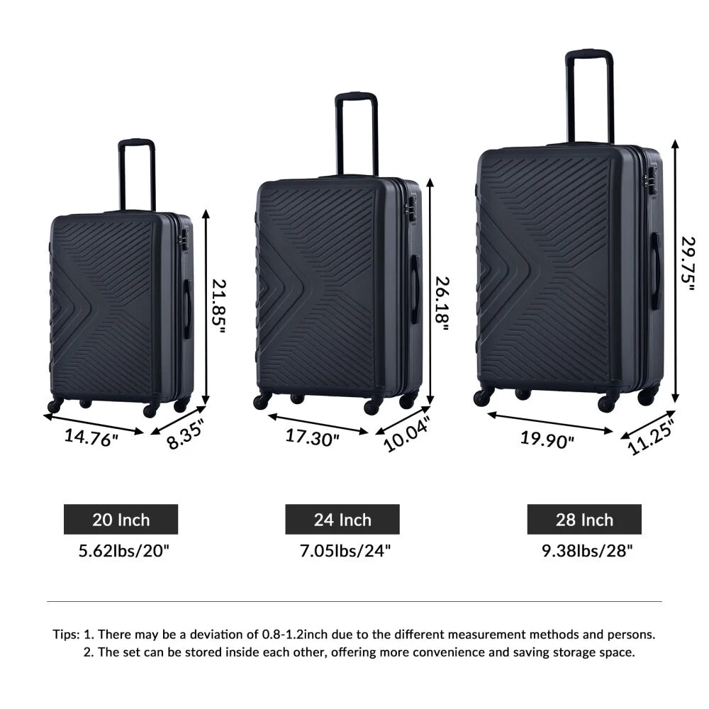 3 Piece Luggage Sets, ABS Lightweight Suitcase(20/24/28), Carry on Hard-Shell Luggage with 2 Hooks, Telescopic Handle, Spinner Wheels and TSA Lock, Yellow
